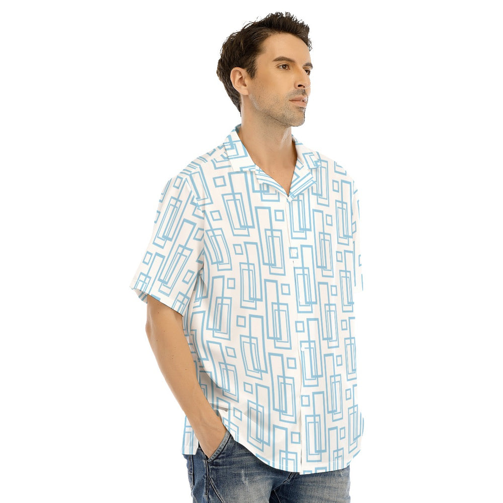 Ti Amo I love you - Exclusive Brand - White with Cornflower Blue Rectangles - Men's Hawaiian Shirt With Button Closure - Sizes XS-5XL