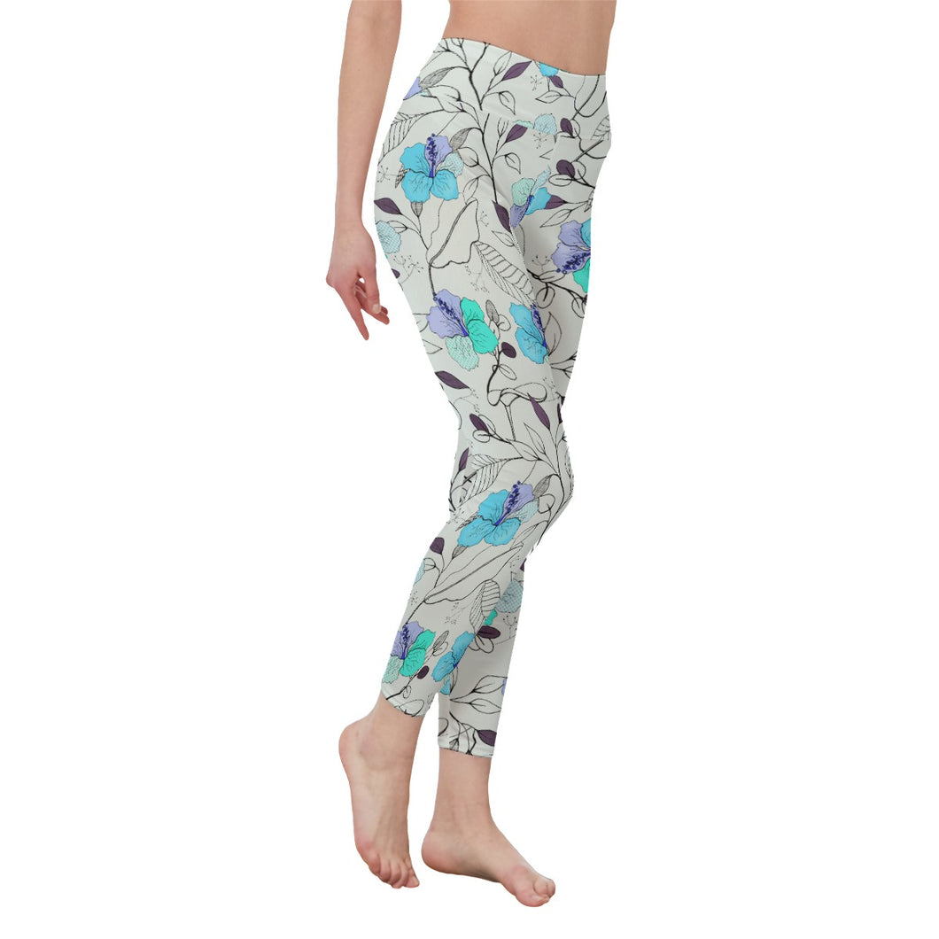 Ti Amo I love you - Exclusive Brand - Pastel Grey with Blue Bell /Fountain Blue / Northern Lights Blue - Floral - Women's High Waist Leggings- Side Stitch Closure - Sizes XS-5XL