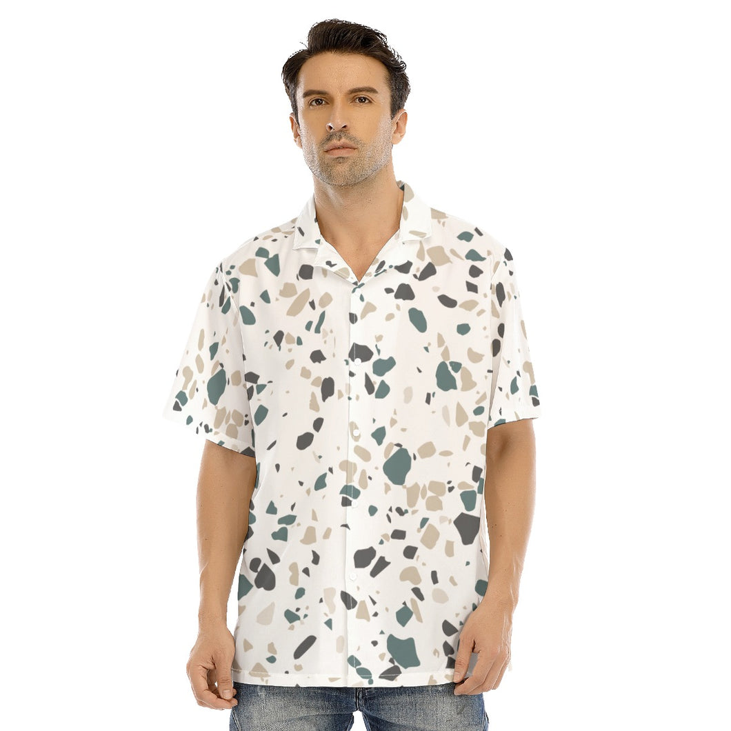 Ti Amo I love you - Exclusive Brand - White with Bone/Gulf Stream/ Storm Dust Spots - Men's Hawaiian Shirt With Button Closure