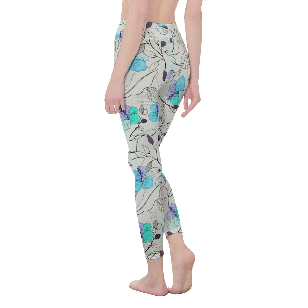 Ti Amo I love you - Exclusive Brand - Pastel Grey with Blue Bell /Fountain Blue / Northern Lights Blue - Floral - Women's High Waist Leggings- Side Stitch Closure - Sizes XS-5XL