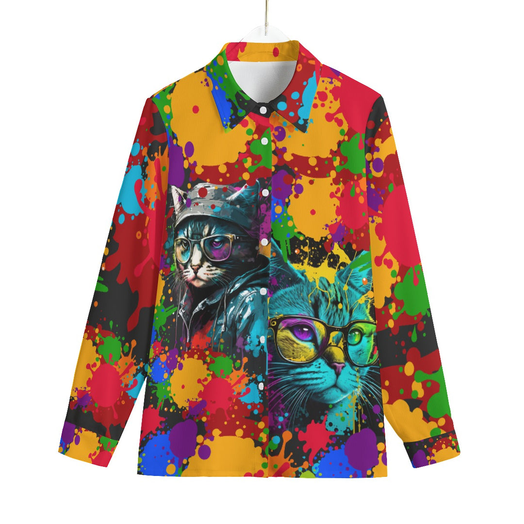 Ti Amo I love you - Exclusive Brand - Rainbow Paint Splatter Cats - Women's Loose Elastic-Back Shirt With Long Sleeves