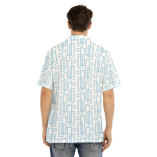 Ti Amo I love you - Exclusive Brand - White with Cornflower Blue Rectangles - Men's Hawaiian Shirt With Button Closure - Sizes XS-5XL