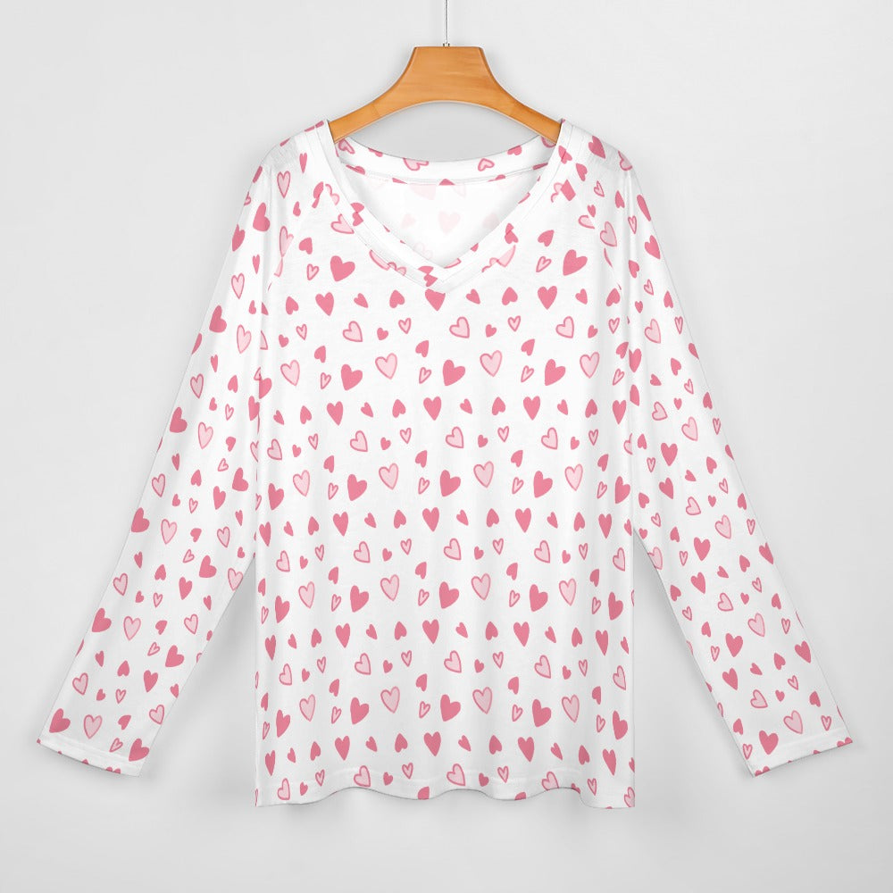 Ti Amo I love you - White with Tiny Hearts Pattern - Women's Long Sleeve Loose Tee - Sizes S-5XL