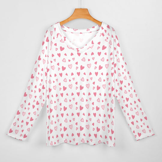 Ti Amo I love you - White with Tiny Hearts Pattern - Women's Long Sleeve Loose Tee - Sizes S-5XL
