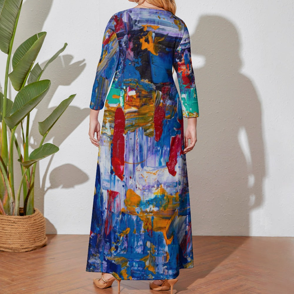 Ti Amo I love you - Exclusive Brand - Blue Abstract - Long Dress / Long Sleeves -  Womens Plus Size - Loose Crew Neck Long Sleeve Long Dress - Sizes XL-5XL