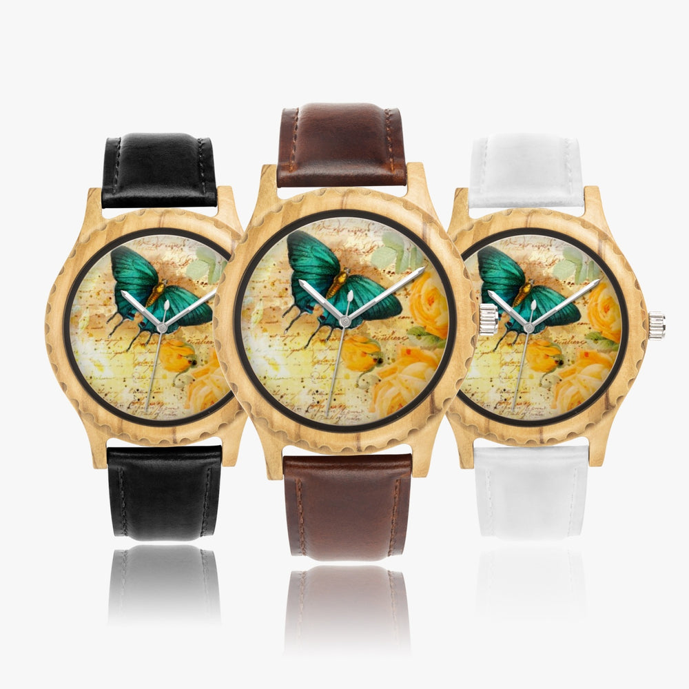 Ti Amo I love you - Exclusive Brand - Butterfly - Womens Designer Italian Olive Wood Watch - Leather Strap 45mm Black