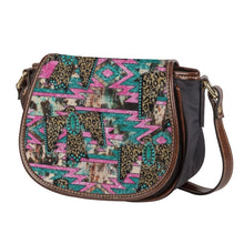 Load image into Gallery viewer, Ti Amo I love you - Exclusive Brand -Pink &amp; Teal with Leopard Eagles - PU Leather Flap Saddle Bag
