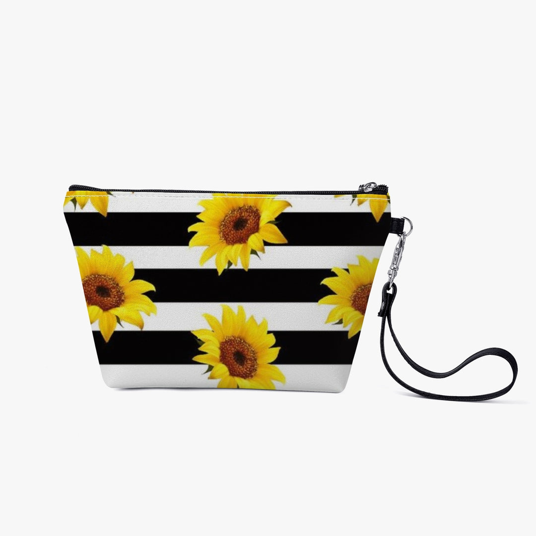 Ti Amo I love you - Exclusive Brand - Black & White Stripes with Sunflowers - Zipper Sling Cosmetic Bag White Default