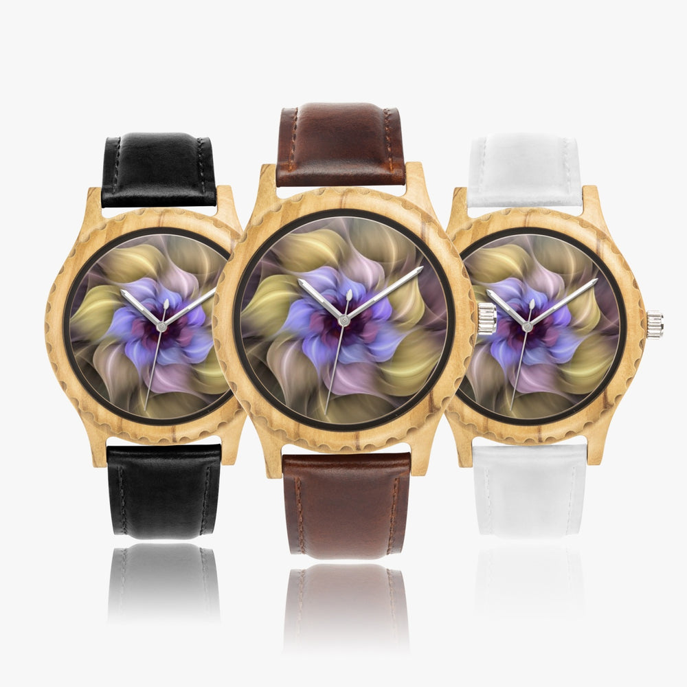 Ti Amo I love you - Exclusive Brand - Whimsical Flower - Womens Designer Italian Olive Wood Watch - Leather Strap 45mm Black