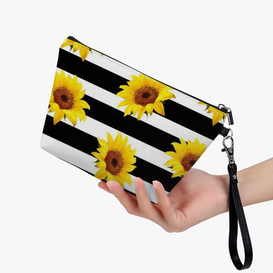 Ti Amo I love you - Exclusive Brand - Black & White Stripes with Sunflowers - Zipper Sling Cosmetic Bag