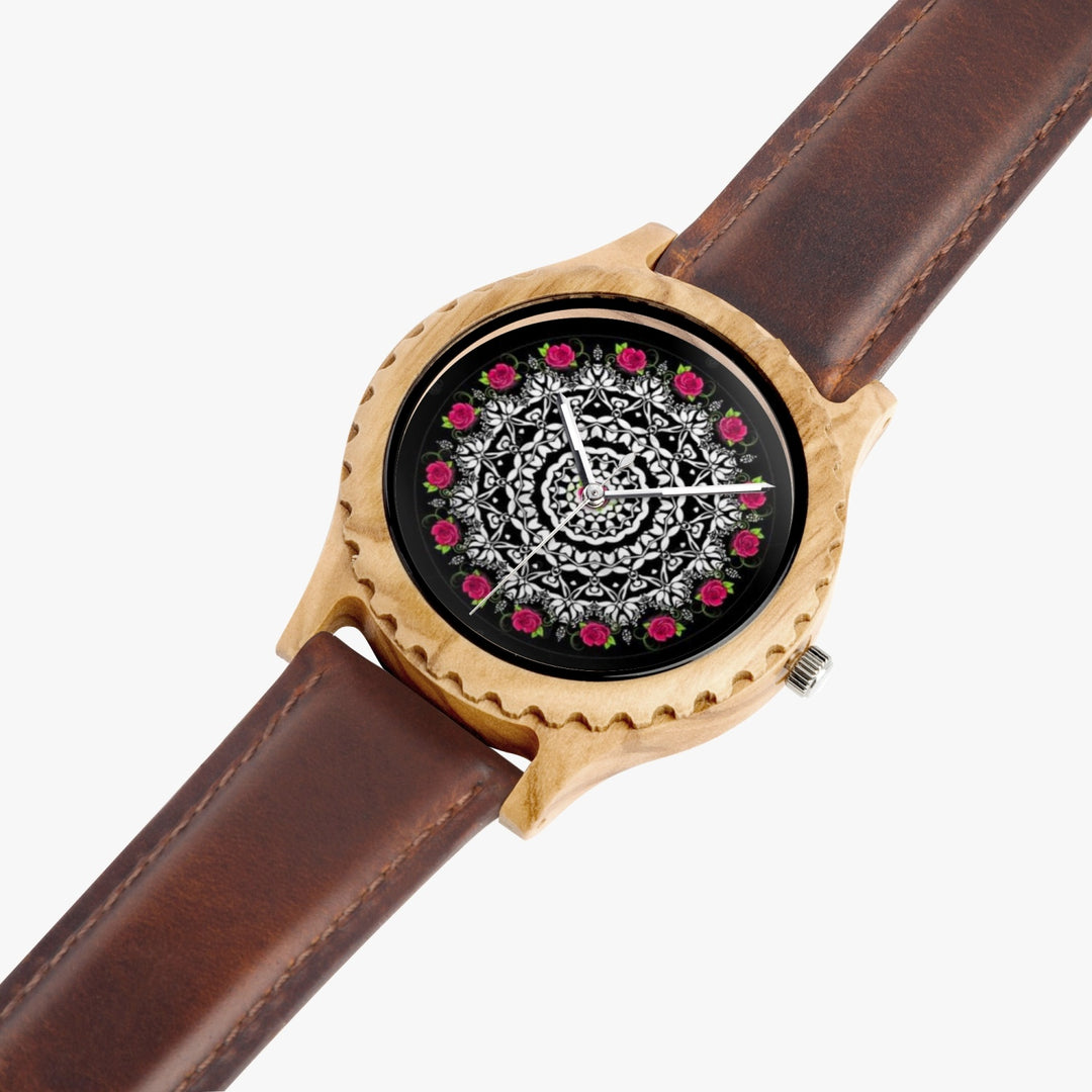 Ti Amo I love you - Exclusive Brand - Rose Mandala - Womens Designer Italian Olive Wood Watch - Leather Strap