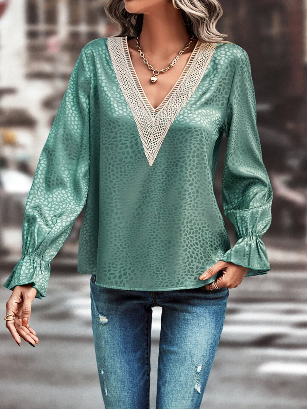 V-Neck Flounce Sleeve Blouse