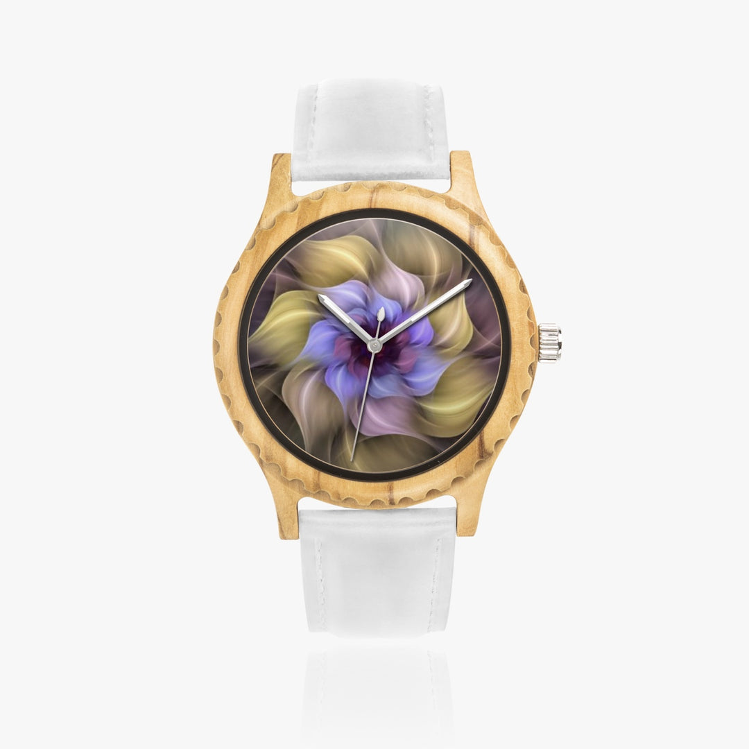 Ti Amo I love you - Exclusive Brand - Whimsical Flower - Womens Designer Italian Olive Wood Watch - Leather Strap 45mm White