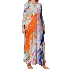 Load image into Gallery viewer, Ti Amo I love you - Exclusive Brand - Pale Green with Orange /Blue /Pink - Abstract - Womens Plus Size - Long Dress / Long Sleeves - Loose Crew Neck Long Sleeve Long Dress - Sizes XL-5XL
