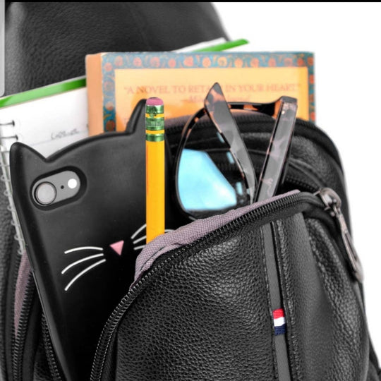 Unisex - Crossbody Leather Sling Bag Backpack with Adjustable Strap - Black