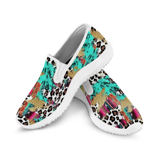 Ti Amo I love you - Exclusive Brand - White with Kabul Spots & Puerto Rico & Medium Red Violet Leopard Pattern - Womens Slip-On Walking Shoes - Sizss 6-10