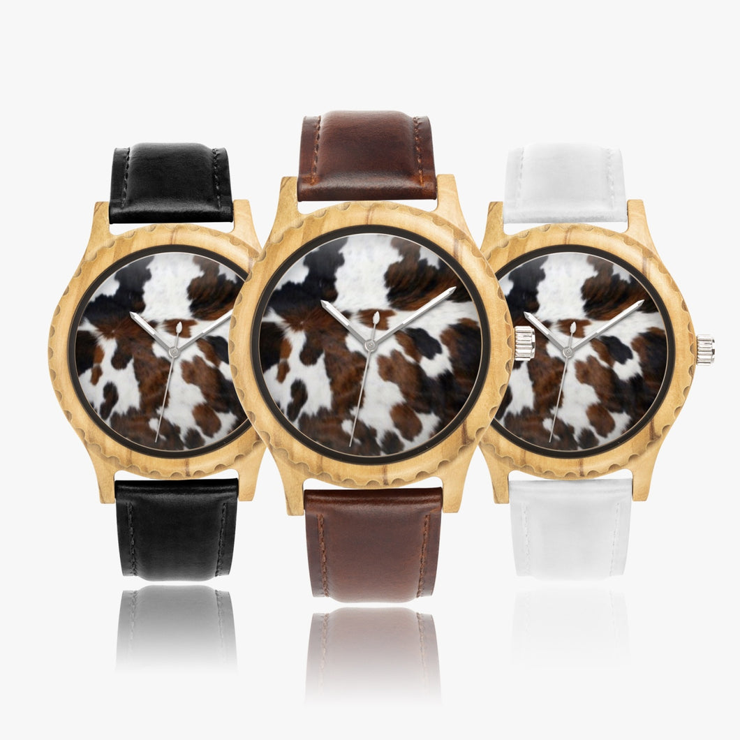 Ti Amo I love you  - Exclusive Brand  - Cow Pattern- Unisex Italian Olive Lumber Wooden Watch - Leather Strap