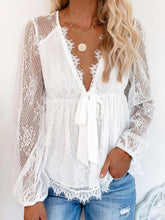 Load image into Gallery viewer, Lace Detail Plunge Long Sleeve Blouse
