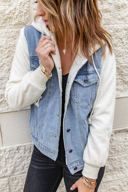 Two-Tone Spliced Denim Sherpa Hooded Jacket - Ti Amo I love you