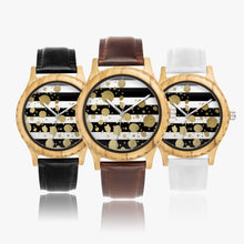 Load image into Gallery viewer, Ti Amo I love you - Exclusive Brand - Black &amp; White Stripes with Gold Dots - Unisex Designer Italian Olive Wood Watch - Leather Strap 45mm Black
