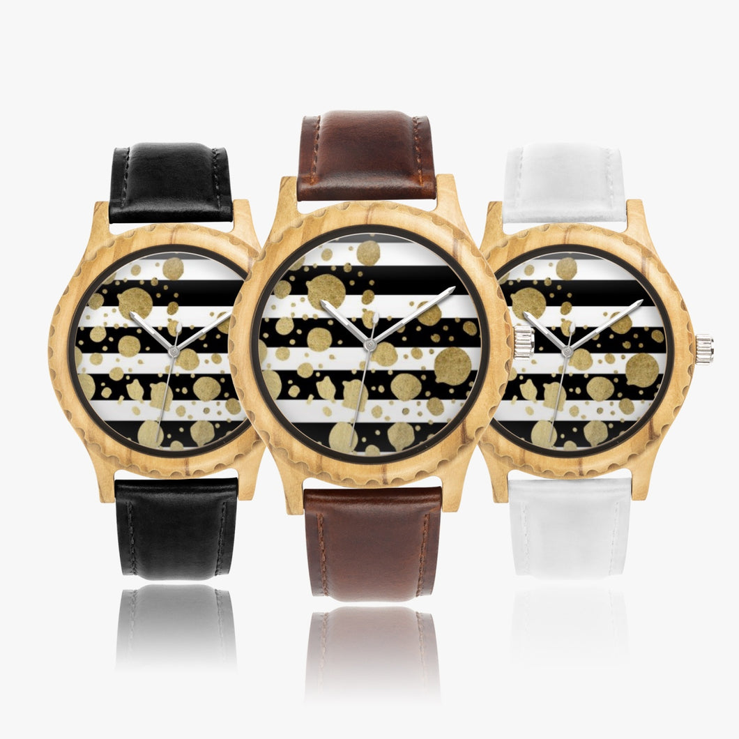 Ti Amo I love you - Exclusive Brand - Black & White Stripes with Gold Dots - Unisex Designer Italian Olive Wood Watch - Leather Strap 45mm Black