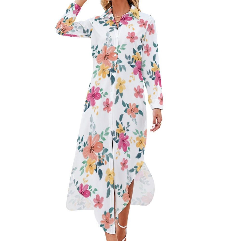 Ti Amo I love you- Exclusive Brand - White with Pink & Peach Flowers - Button Neck Long Sleeve Shirt Dress - Sizes S-5XL