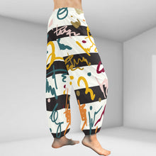 Load image into Gallery viewer, Ti Amo I love you  - Exclusive Brand  - Black &amp; White Stripes with Colorful Squiggles - Women&#39;s Harem Pants - Sizes XS-2XL
