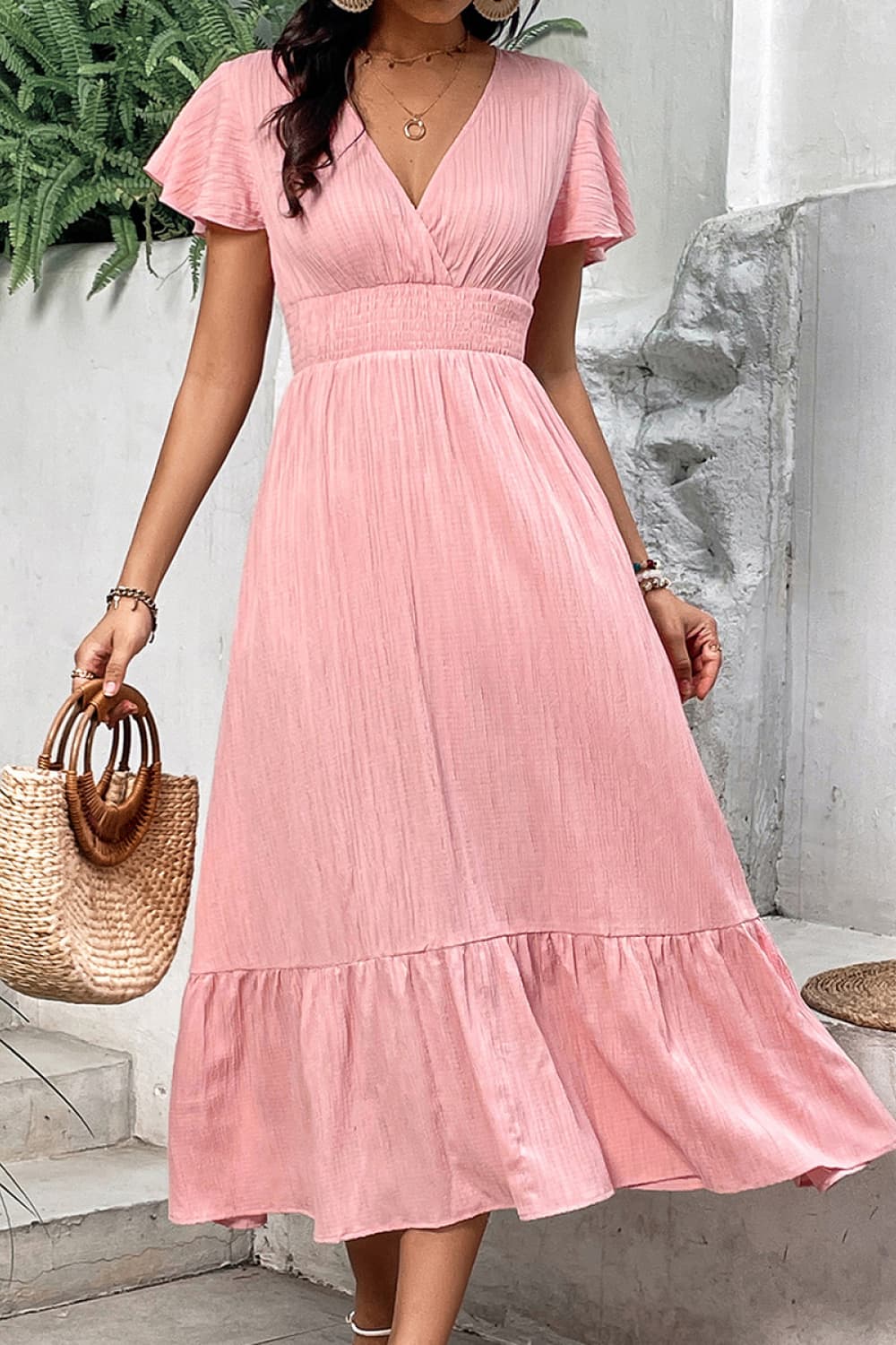 Womens - Your Pink 2 - Surplice Neck Smocked Waist Flutter Sleeve Dress - Sizes S- XL