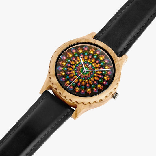 Ti Amo I love you - Exclusive Brand - Mandala - Womens Designer Italian Olive Wood Watch - Leather Strap 45mm Black