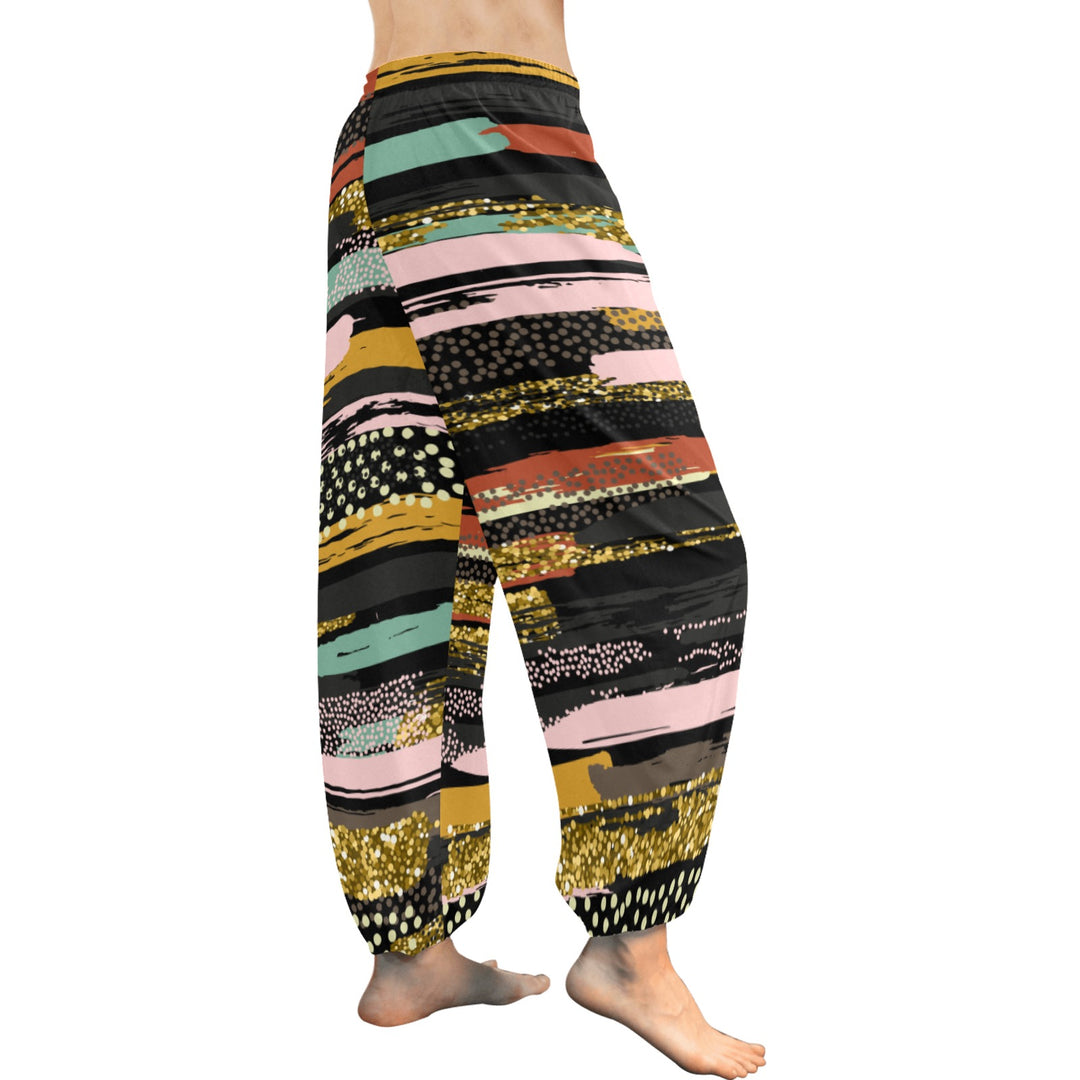 Ti Amo I love you - Exclusive Brand  - Black with Colorful Horizontal Stripes - Women's Harem Pants - Sizes XS-2XL