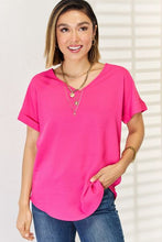 Load image into Gallery viewer, Zenana Hot Pink V-Neck Rolled Short Sleeve T-Shirt
