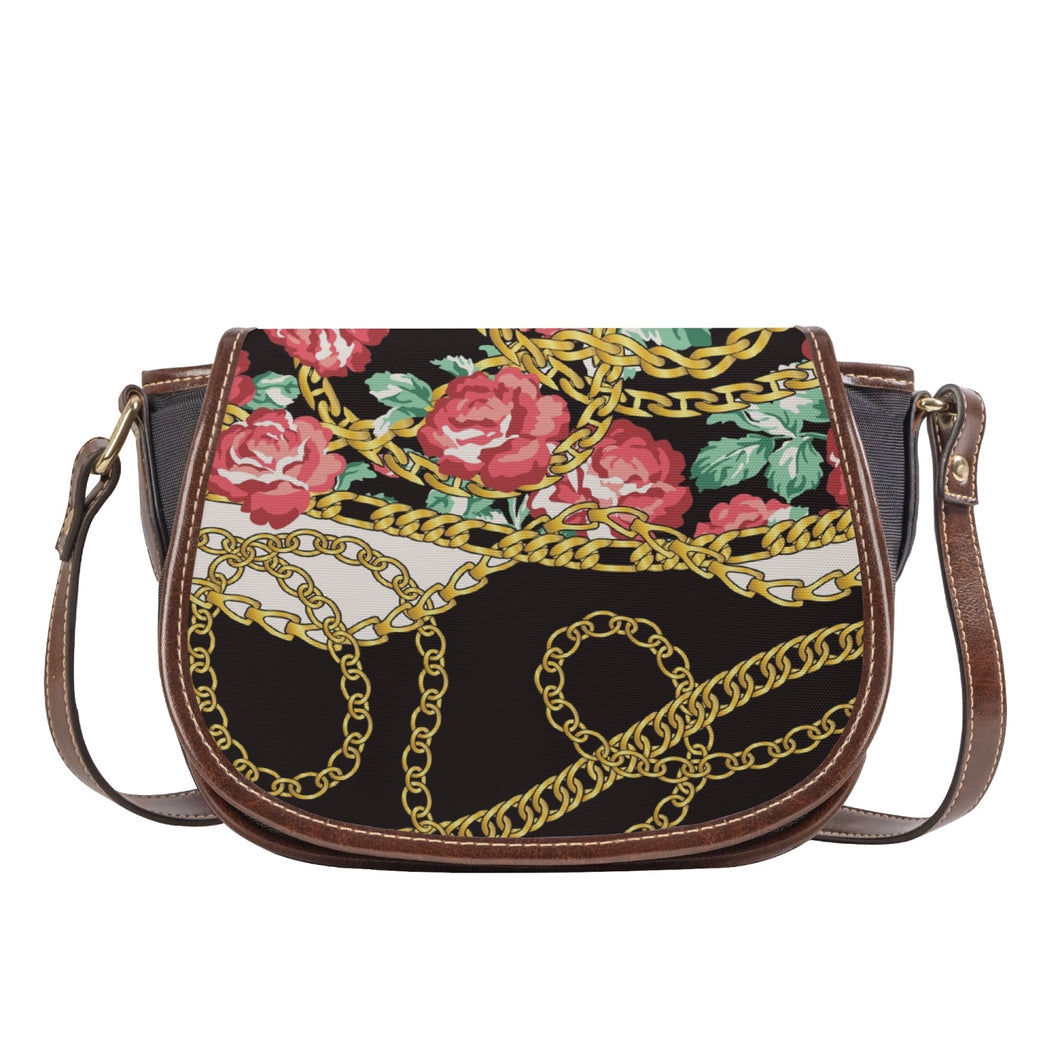 Ti Amo I love you - Exclusive Brand - Pink Roses with Gold Chain - PU Leather Flap Saddle Bag One Size