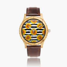 Load image into Gallery viewer, Ti Amo I love you - Exclusive Brand  - Black &amp; White Stripes with Sunflowers - Italian Olive Lumber Wooden Watch - Leather Strap
