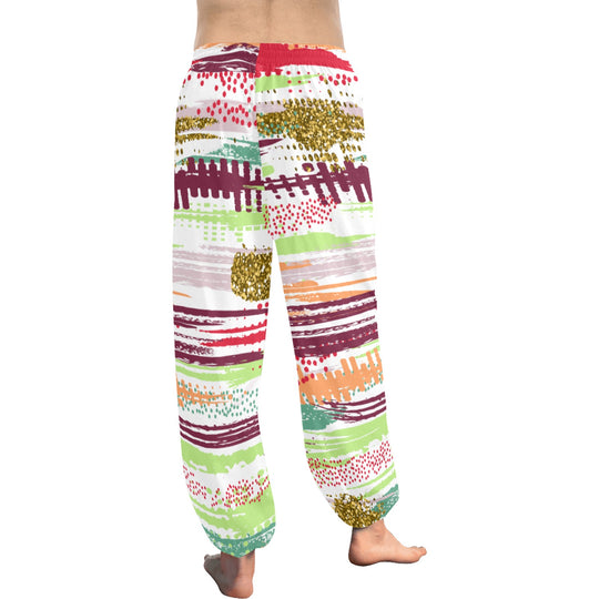 Ti Amo I love you  - Exclusive Brand  - White Stripes with Colorful Horizontal Stripes - Women's Harem Pants - Sizes XS-2XL