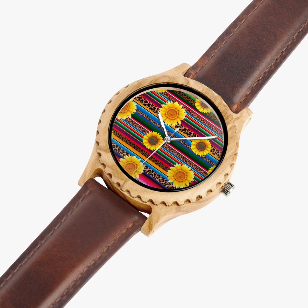 Ti Amo I love you - Exclusive Brand - Leopard & Sunflowers - Womens Designer Italian Olive Wood Watch - Leather Strap