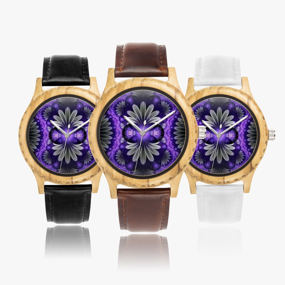 Ti Amo I love you - Exclusive Brand - Purple & Grey Floral Pattern - Womens Designer Italian Olive Wood Watch - Leather Strap 45mm Black