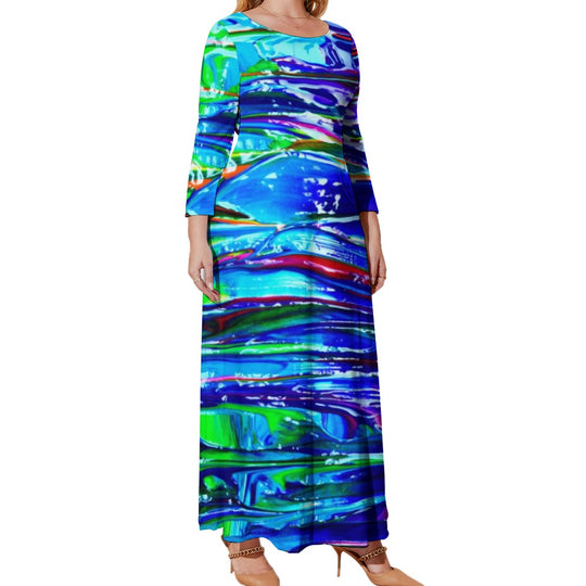 Ti Amo I love you - Exclusive Brand - Blue & Green Abstract - Womens Plus Size - Long Dress / Long Sleeves - Loose Crew Neck Long Sleeve Long Dress - Sizes XL-5XL