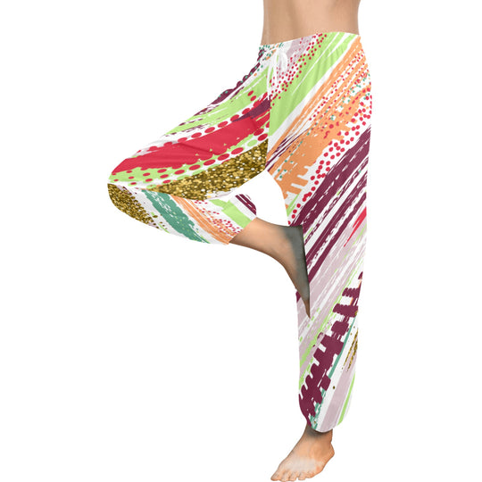 Ti Amo I love you  - Exclusive Brand  - White with Diagonal Colorful Striped Pattern - Women's Harem Pants - Sizes XS-2XL