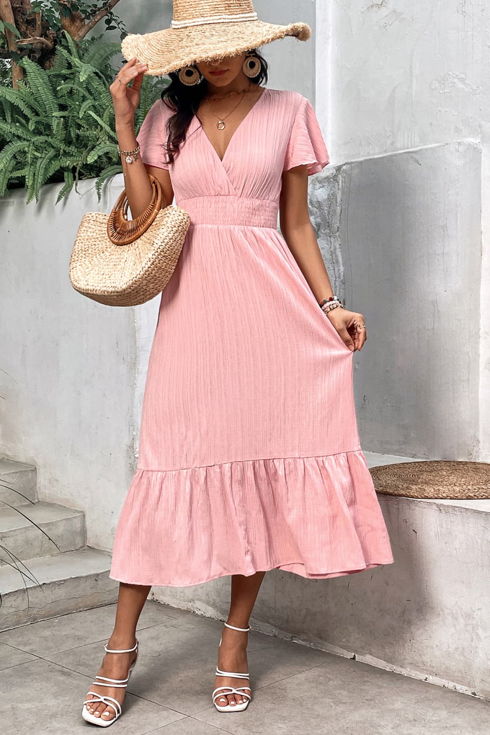 Womens - Your Pink 2 - Surplice Neck Smocked Waist Flutter Sleeve Dress - Sizes S- XL