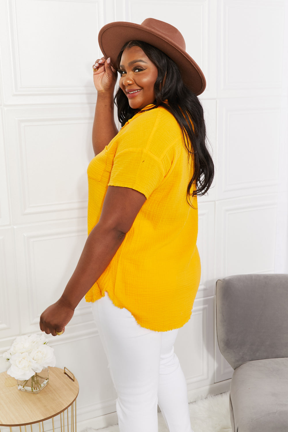 Zenana Full Size Summer Breeze Gauze Short Sleeve Shirt in Mustard - Only Sizes S, M, 1XL, 3XL Left
