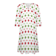 Load image into Gallery viewer, Ti Amo I love you - Exclusive Brand - Christmas Red &amp; Green Star -  7-point Sleeve Dress - Sizes S-5XL
