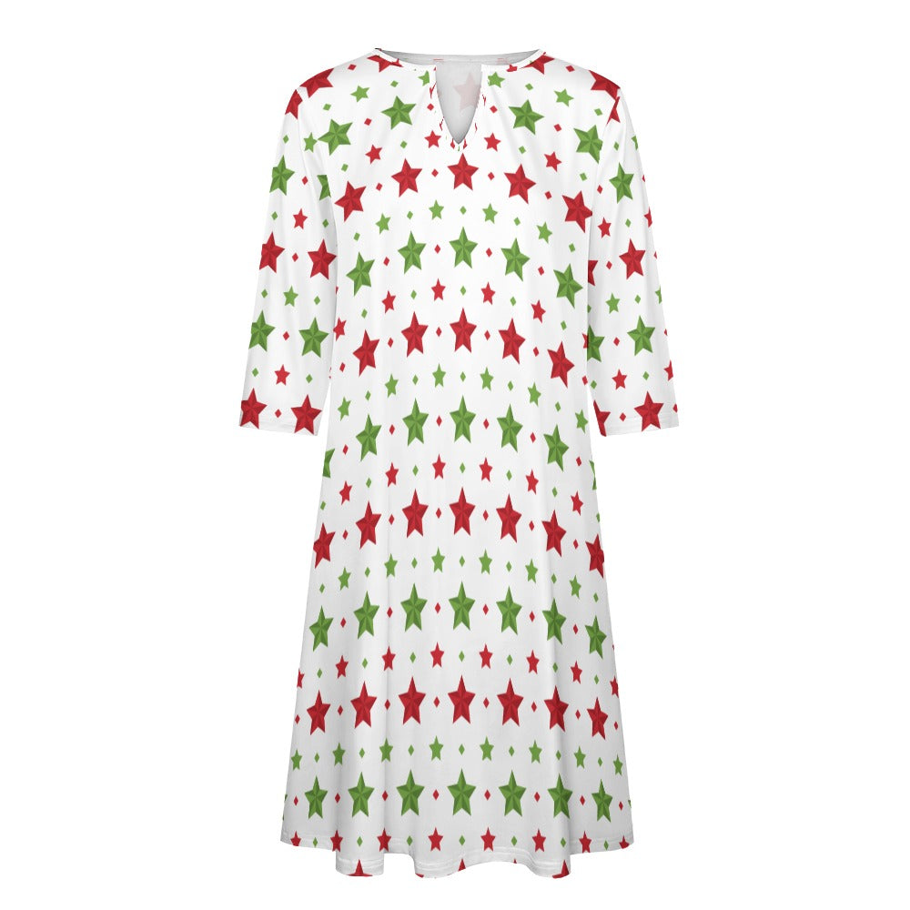 Ti Amo I love you - Exclusive Brand - Christmas Red & Green Star -  7-point Sleeve Dress - Sizes S-5XL