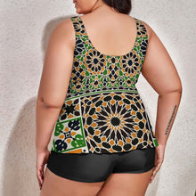 Load image into Gallery viewer, Ti Amo I love you - Exclusive Brand - Chalet Green 2, Bourbon &amp; Black Geometrical Pattern - Women&#39;s Plus Size Split 2pc Swimsuit - Sizes XL-6XL
