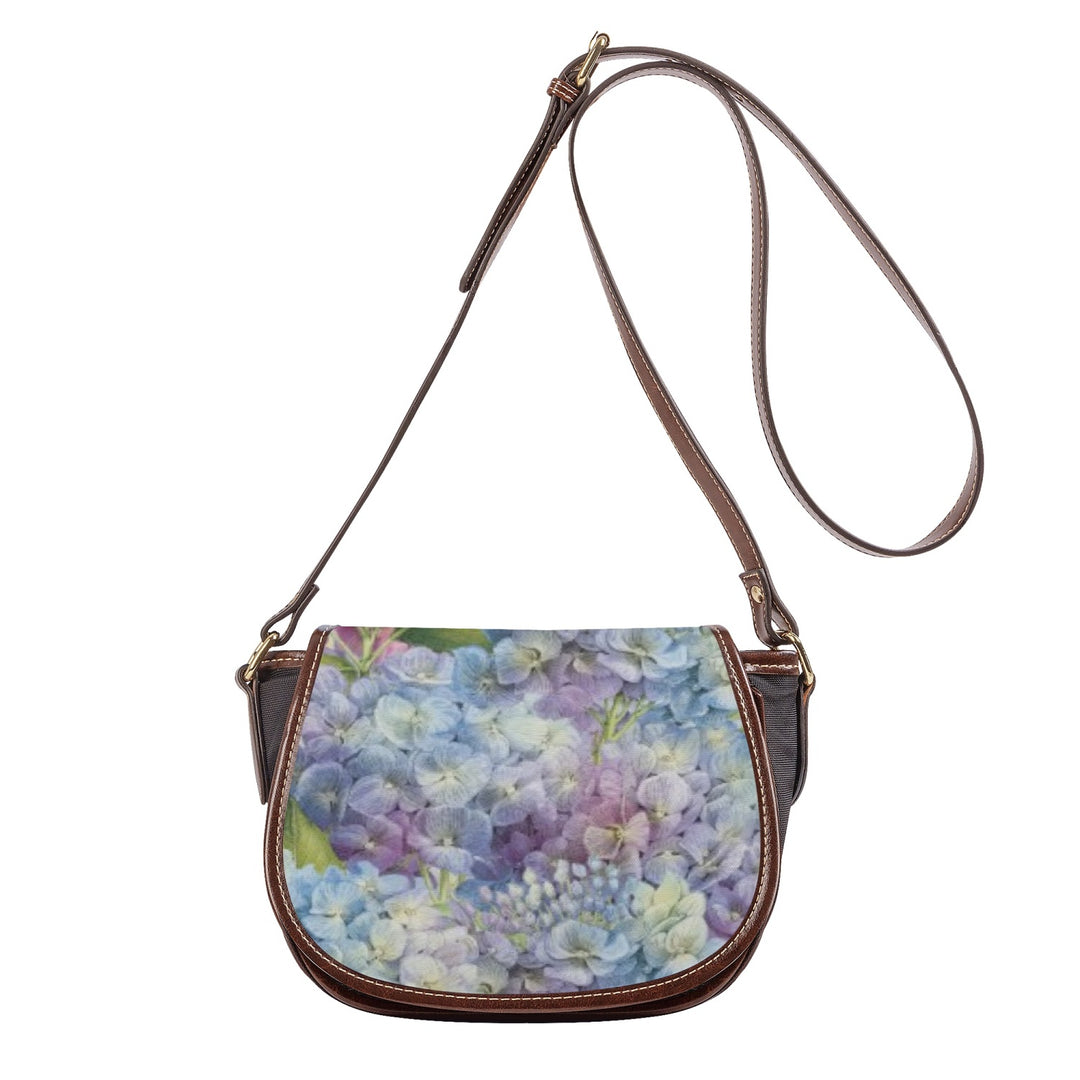 Ti Amo I love you - Exclusive Brand - Purple Blue & White Flower Pattern - PU Leather Flap Saddle Bag