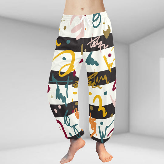 Ti Amo I love you  - Exclusive Brand  - Black & White Stripes with Colorful Squiggles - Women's Harem Pants - Sizes XS-2XL