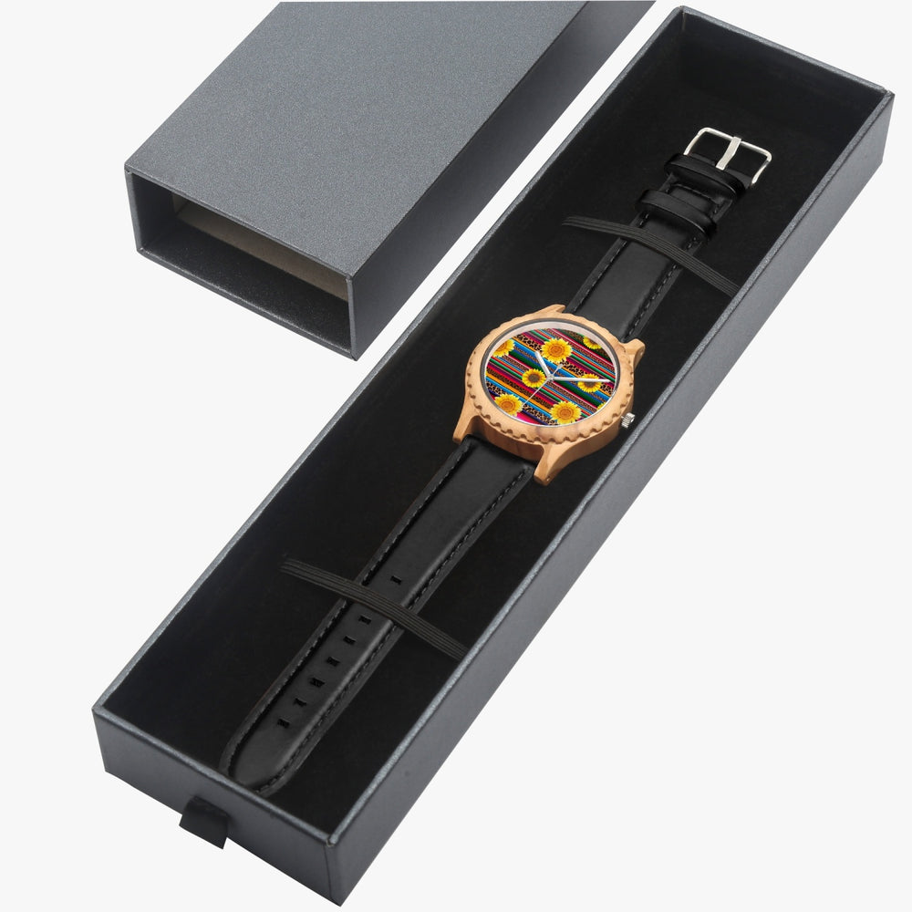 Ti Amo I love you - Exclusive Brand - Leopard & Sunflowers - Womens Designer Italian Olive Wood Watch - Leather Strap