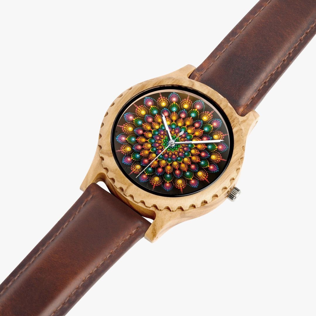 Ti Amo I love you - Exclusive Brand - Mandala - Womens Designer Italian Olive Wood Watch - Leather Strap