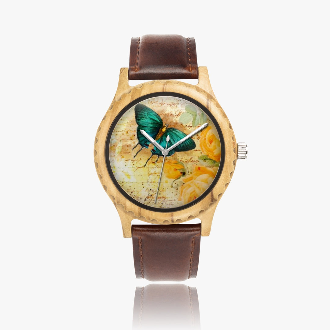 Ti Amo I love you - Exclusive Brand - Butterfly - Womens Designer Italian Olive Wood Watch - Leather Strap 45mm Brown