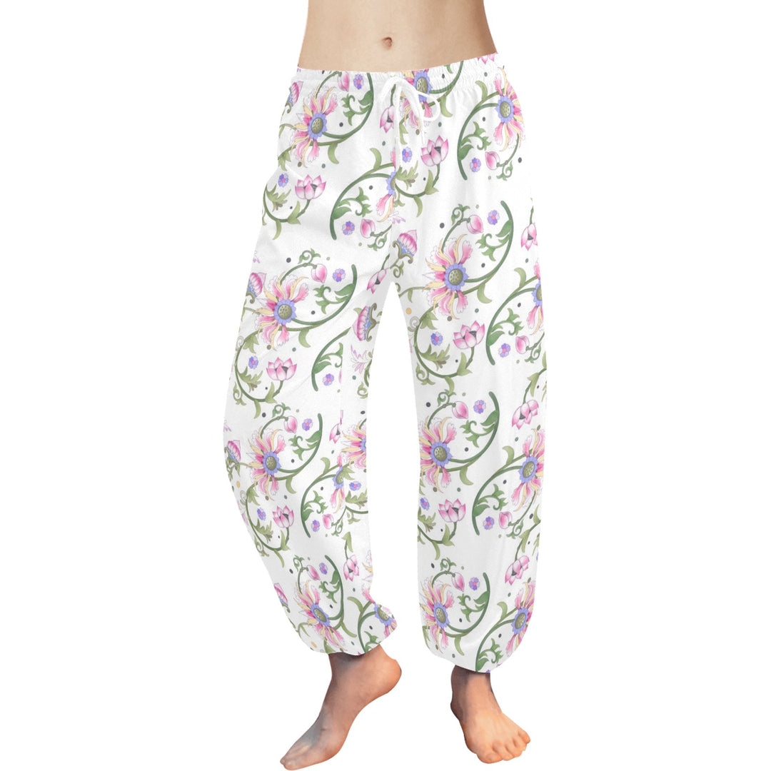 Ti Amo I love you  - Exclusive Brand - White with Pink Flowers - Women's Harem Pants - Sizes XS-2XL