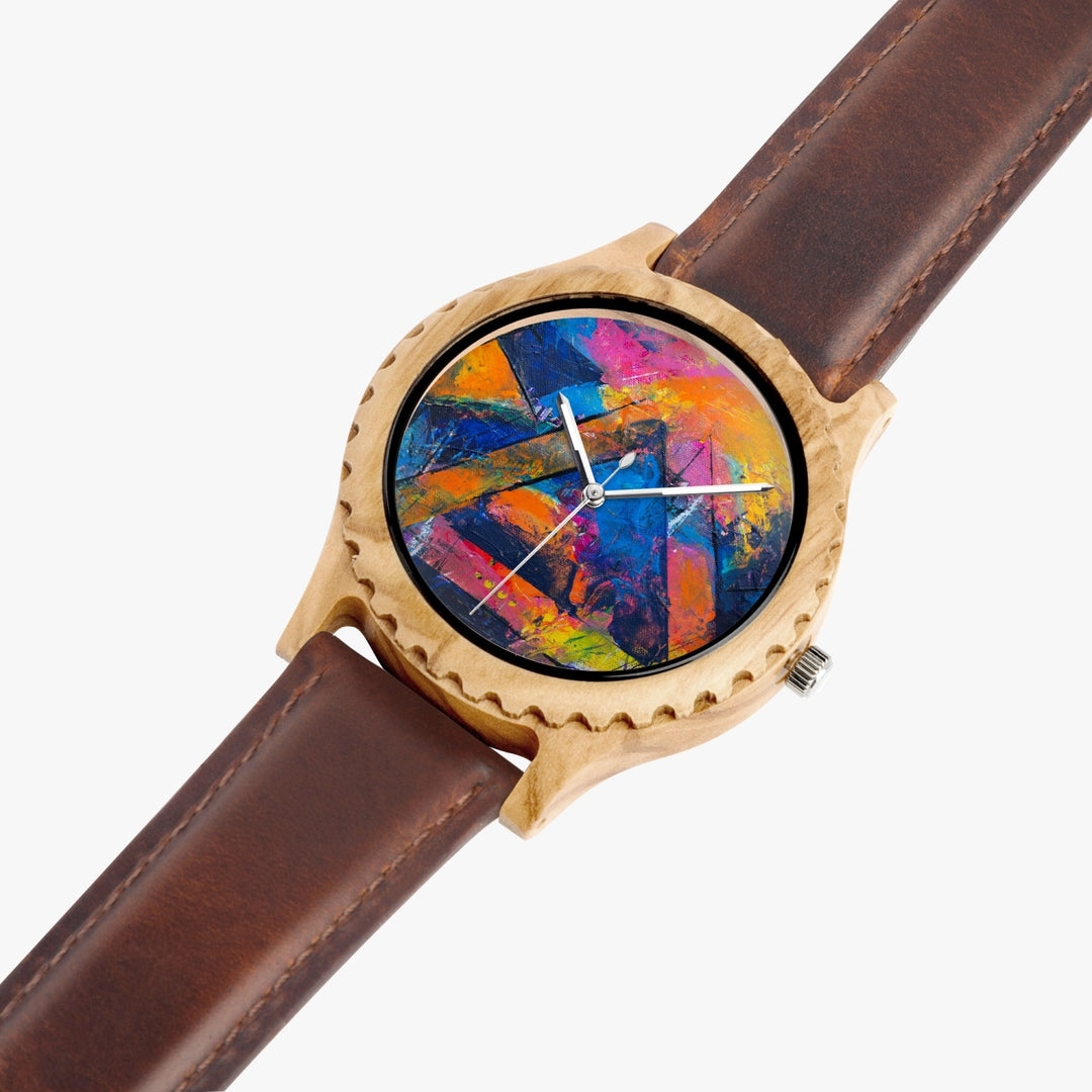 Ti Amo I love you - Exclusive Brand - Geometrical Painted Pattern - Unisex Designer Italian Olive Wood Watch - Leather Strap